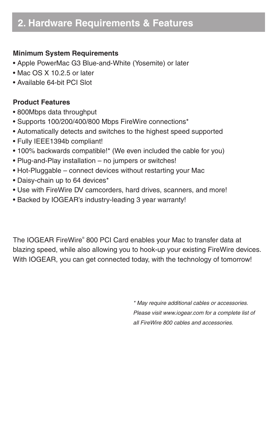 Hardware requirements & features | IOGear FireWire 800 GIC3800 User Manual | Page 3 / 8