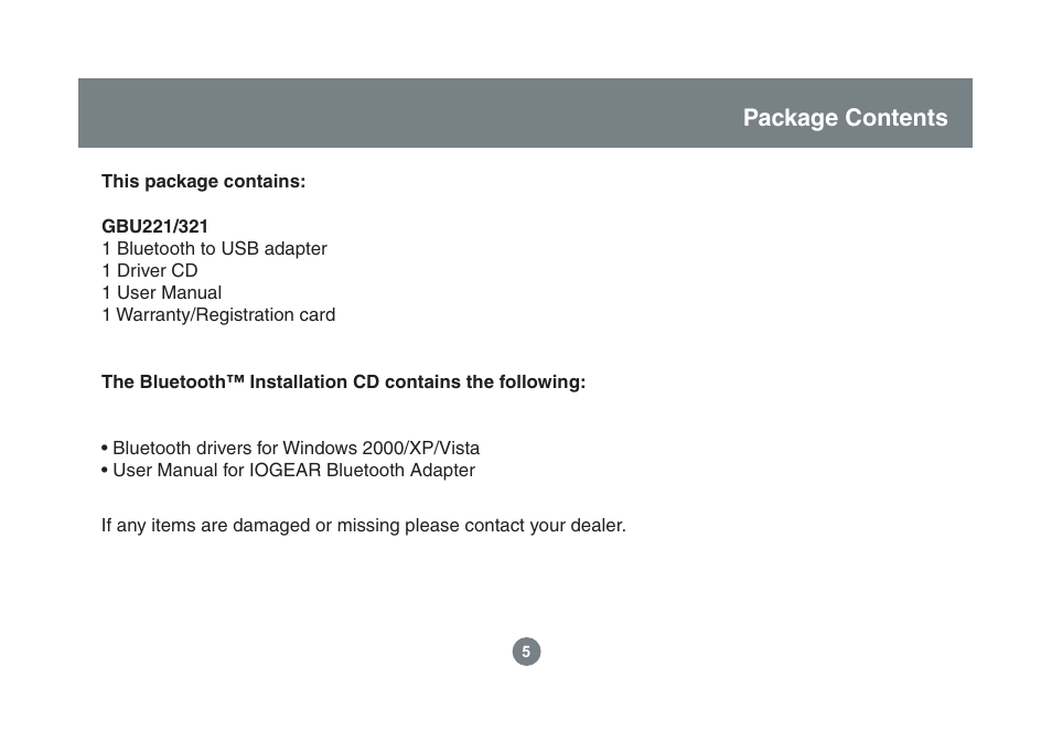 Package contents | IOGear GBU221/321 User Manual | Page 5 / 60