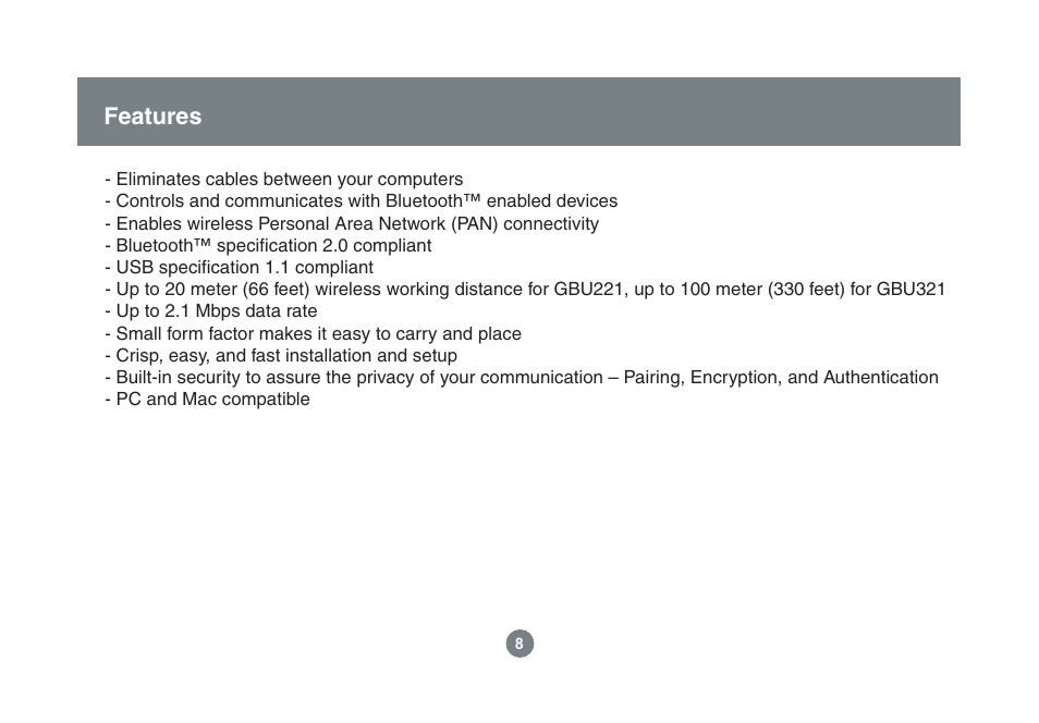 Features | IOGear GBU221/321 User Manual | Page 8 / 60