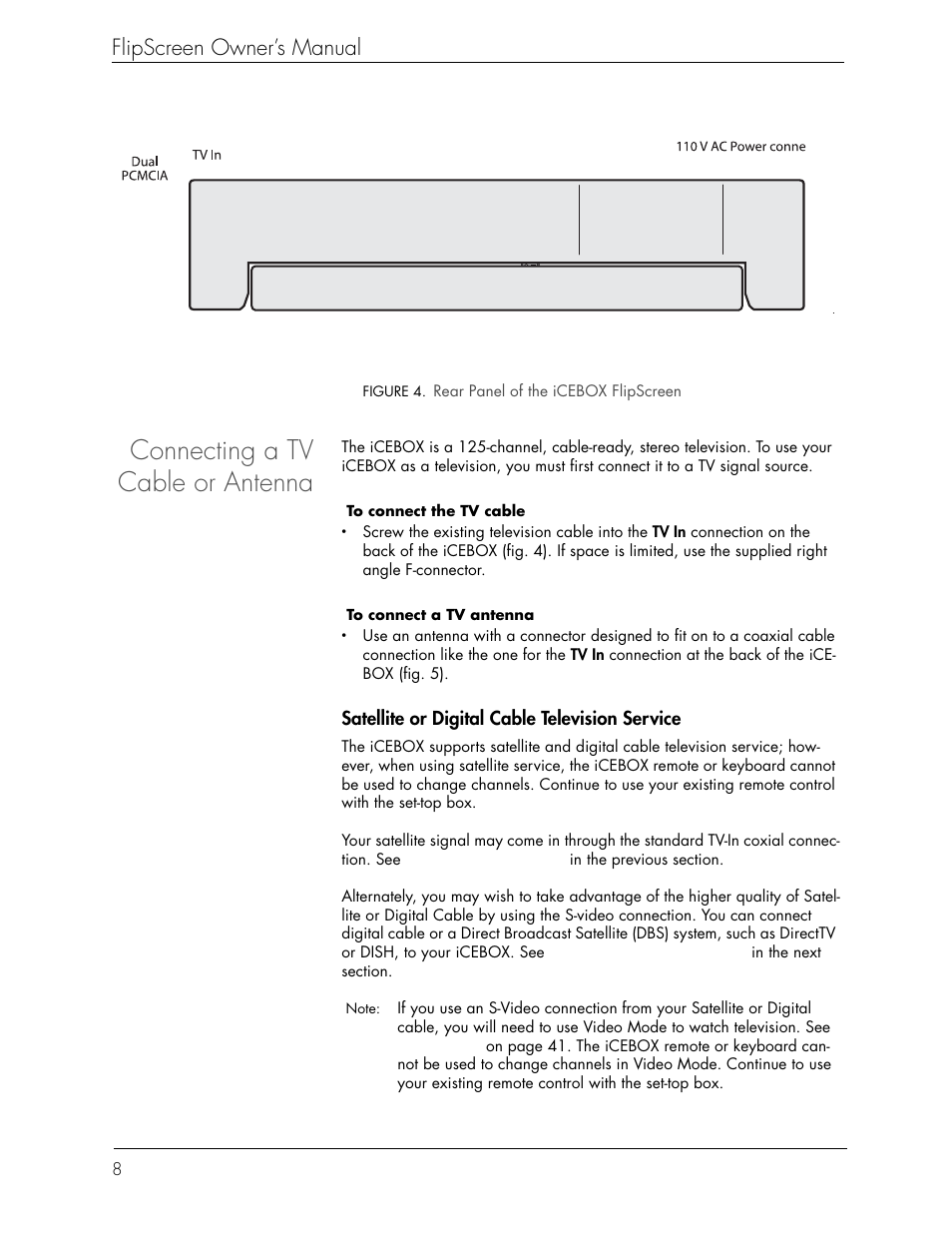 Connecting a tv cable or antenna, Flipscreen owner’s manual | iCEBOX iBOX flipscreen User Manual | Page 14 / 72