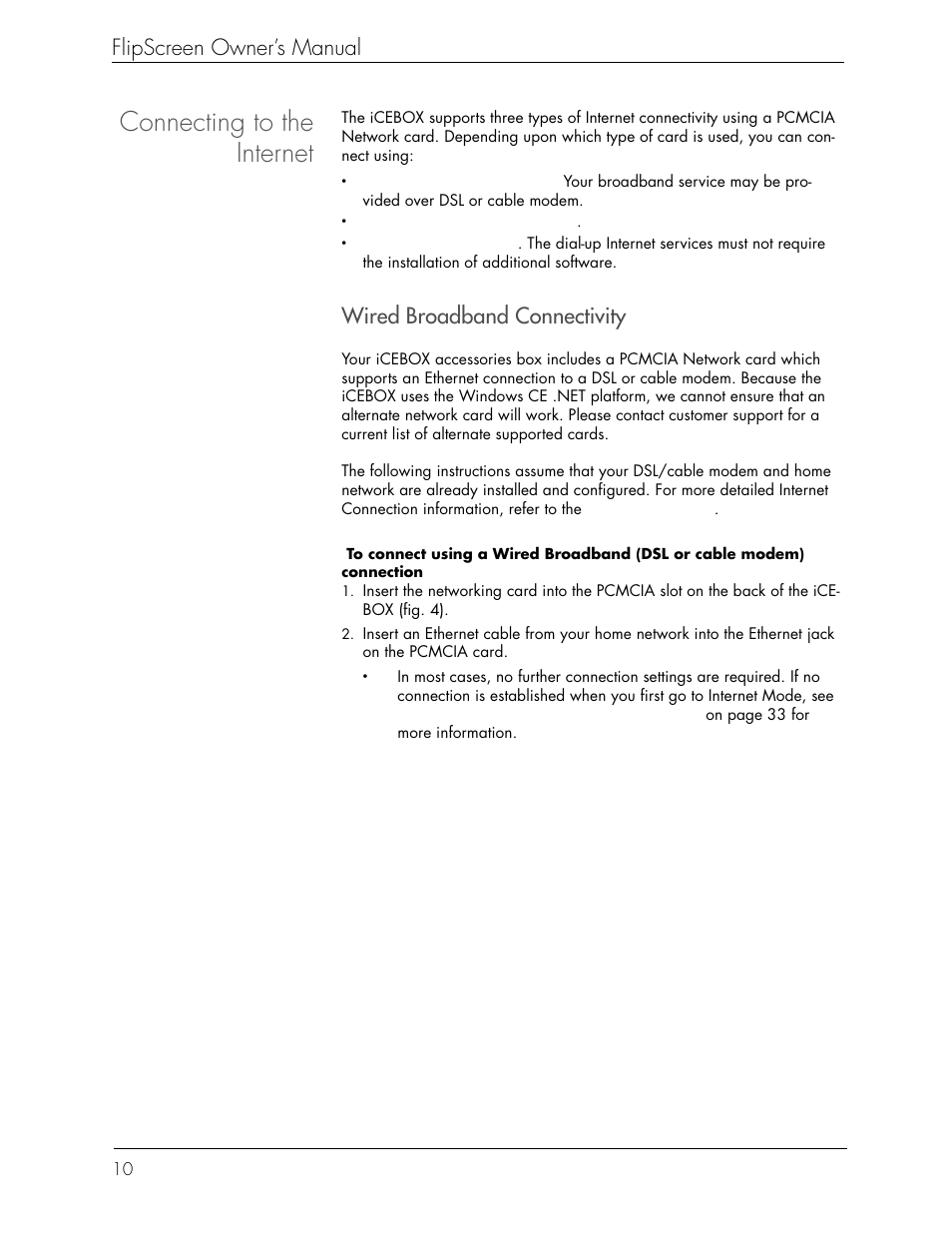 Connecting to the internet, Flipscreen owner’s manual, Wired broadband connectivity | iCEBOX iBOX flipscreen User Manual | Page 16 / 72