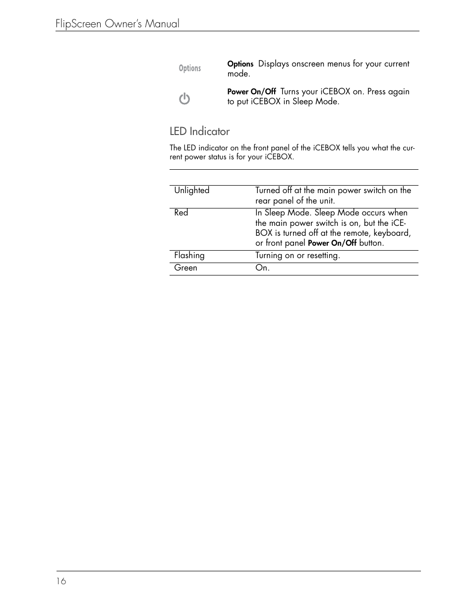 Flipscreen owner’s manual, Led indicator | iCEBOX iBOX flipscreen User Manual | Page 22 / 72