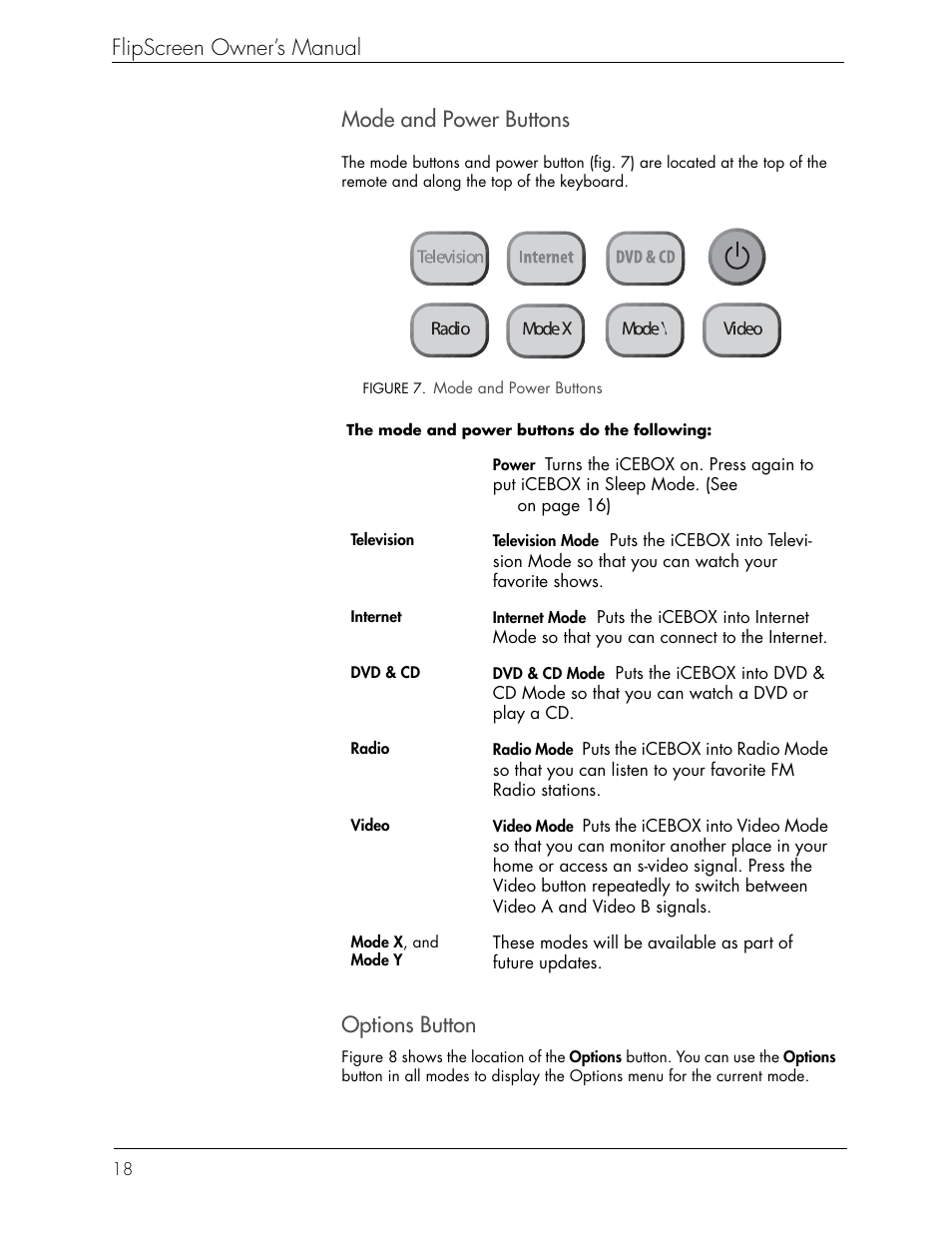 Flipscreen owner’s manual, Mode and power buttons, Options button | iCEBOX iBOX flipscreen User Manual | Page 24 / 72