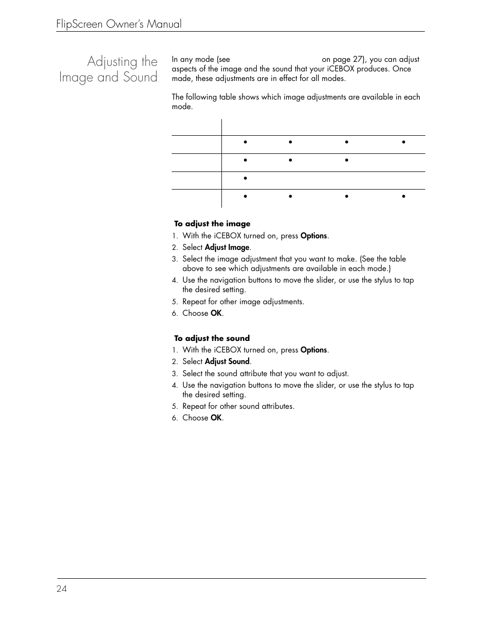 Adjusting the image and sound | iCEBOX iBOX flipscreen User Manual | Page 30 / 72