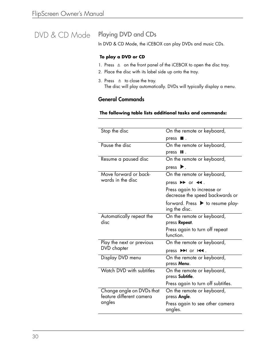 Dvd & cd mode, Flipscreen owner’s manual, Playing dvd and cds | iCEBOX iBOX flipscreen User Manual | Page 36 / 72