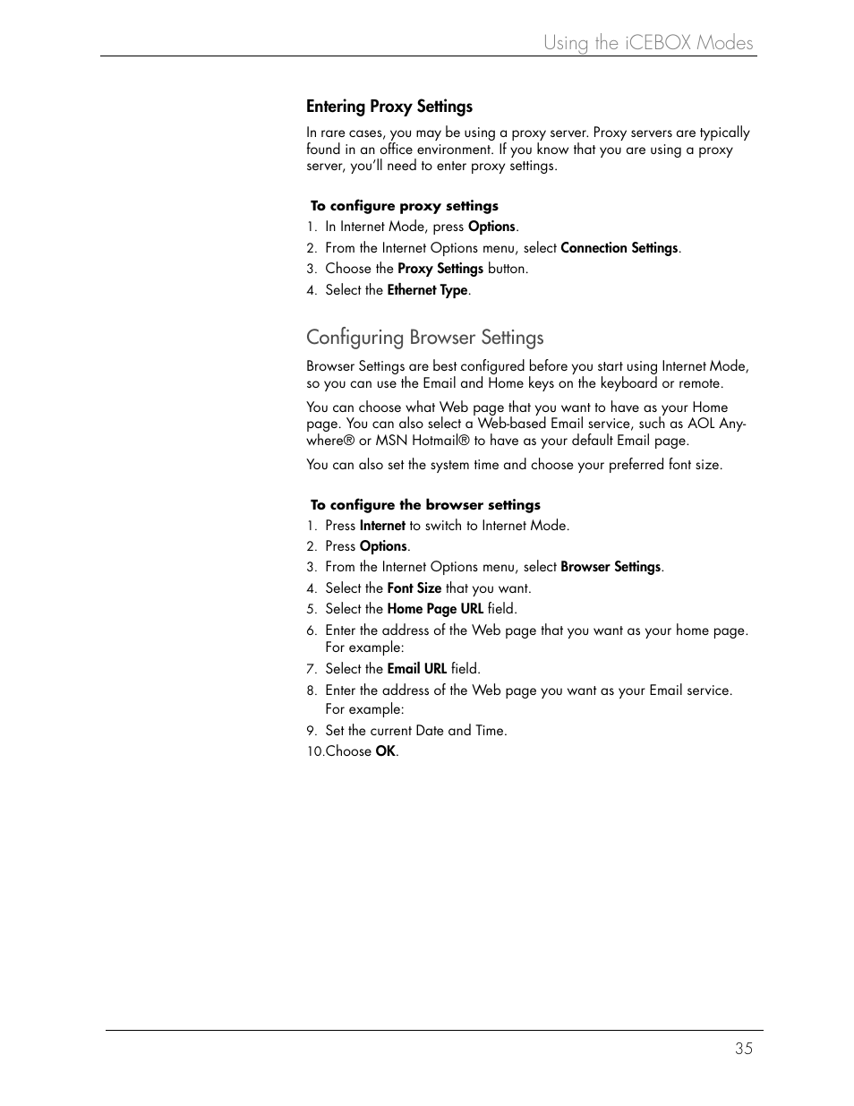 Using the icebox modes, Configuring browser settings | iCEBOX iBOX flipscreen User Manual | Page 41 / 72