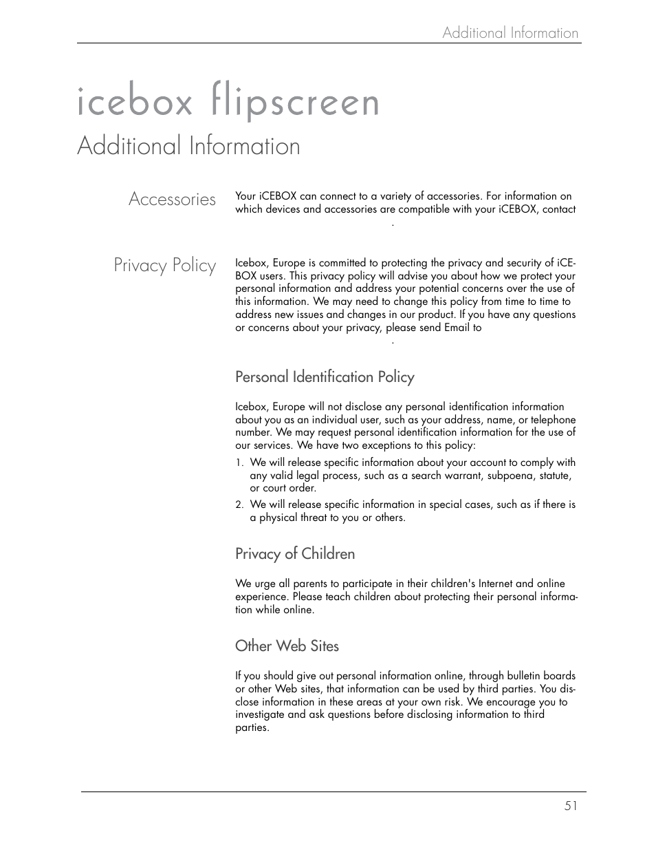 Additional information, Accessories, Privacy policy | iCEBOX iBOX flipscreen User Manual | Page 57 / 72