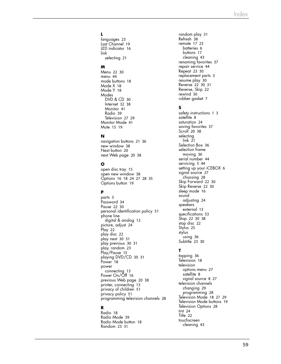 Index | iCEBOX iBOX flipscreen User Manual | Page 65 / 72