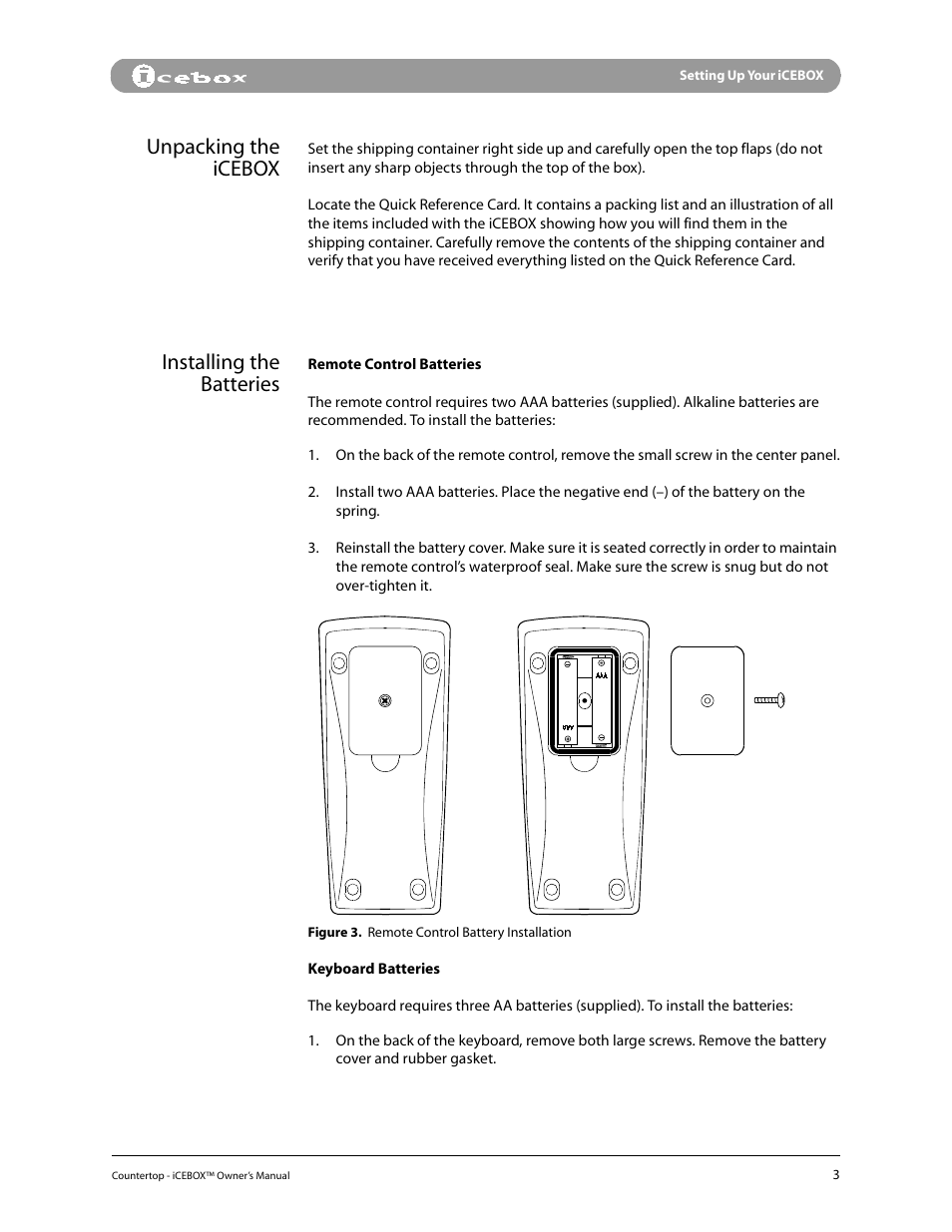 Unpacking the icebox, Installing the batteries | iCEBOX pmn User Manual | Page 12 / 49