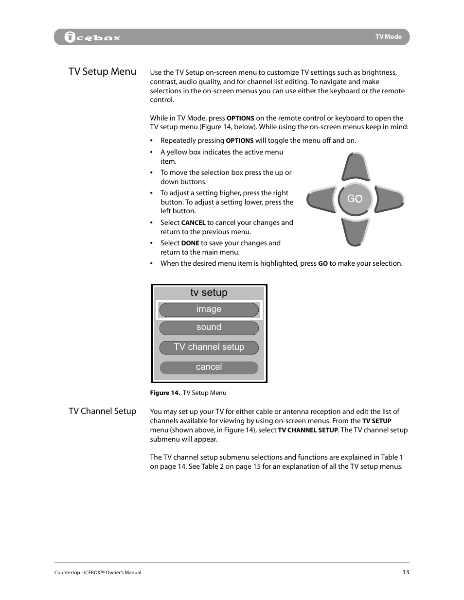 Tv setup menu, Tv setup | iCEBOX pmn User Manual | Page 22 / 49