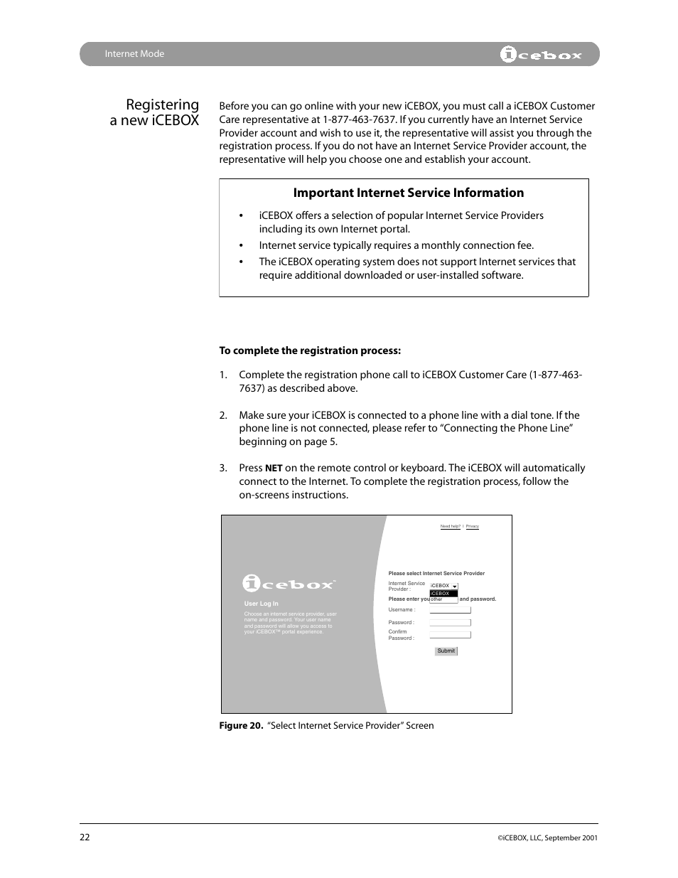 Registering a new icebox, Important internet service information | iCEBOX pmn User Manual | Page 31 / 49
