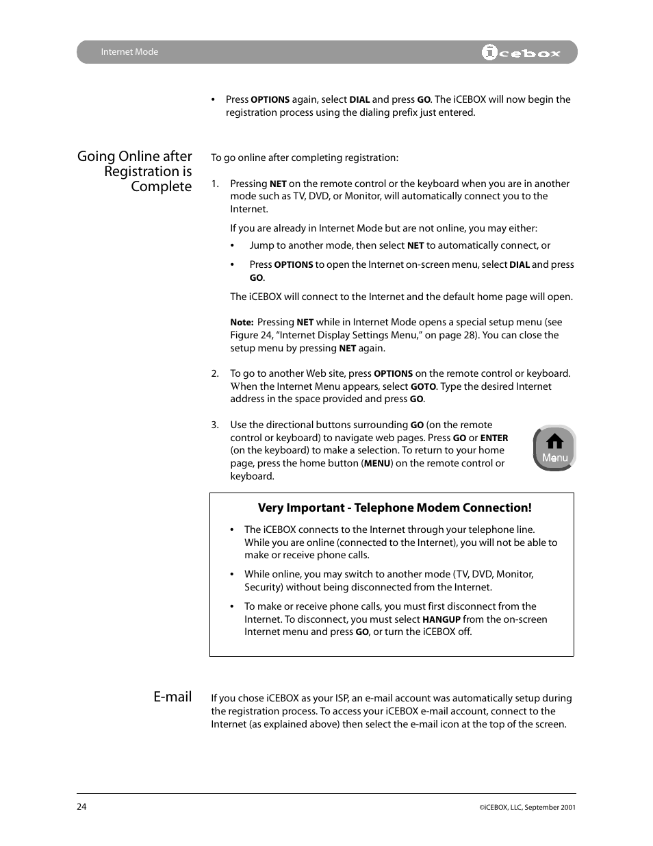 Going online after registration is complete, E-mail | iCEBOX pmn User Manual | Page 33 / 49