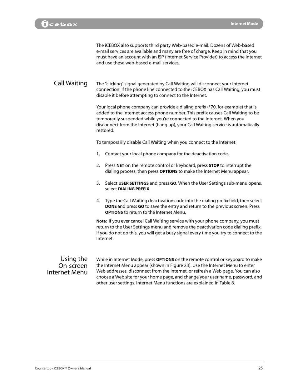 Call waiting, Using the on-screen internet menu | iCEBOX pmn User Manual | Page 34 / 49