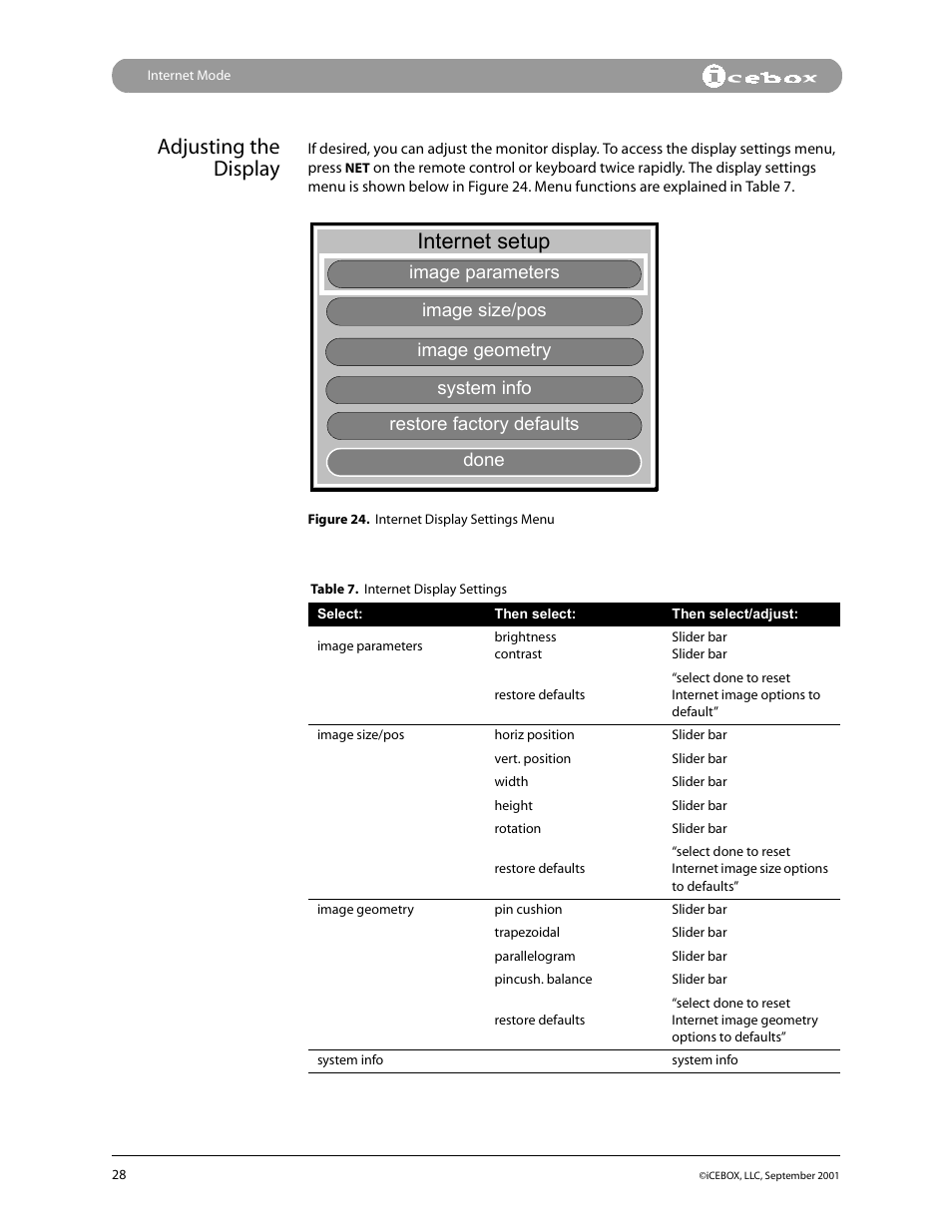 Adjusting the display, Internet setup | iCEBOX pmn User Manual | Page 37 / 49