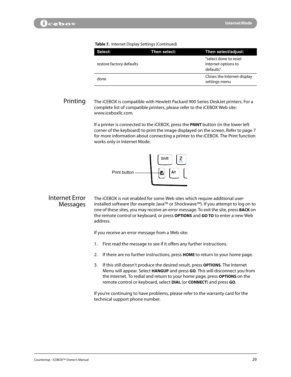 Printing, Internet error messages | iCEBOX pmn User Manual | Page 38 / 49
