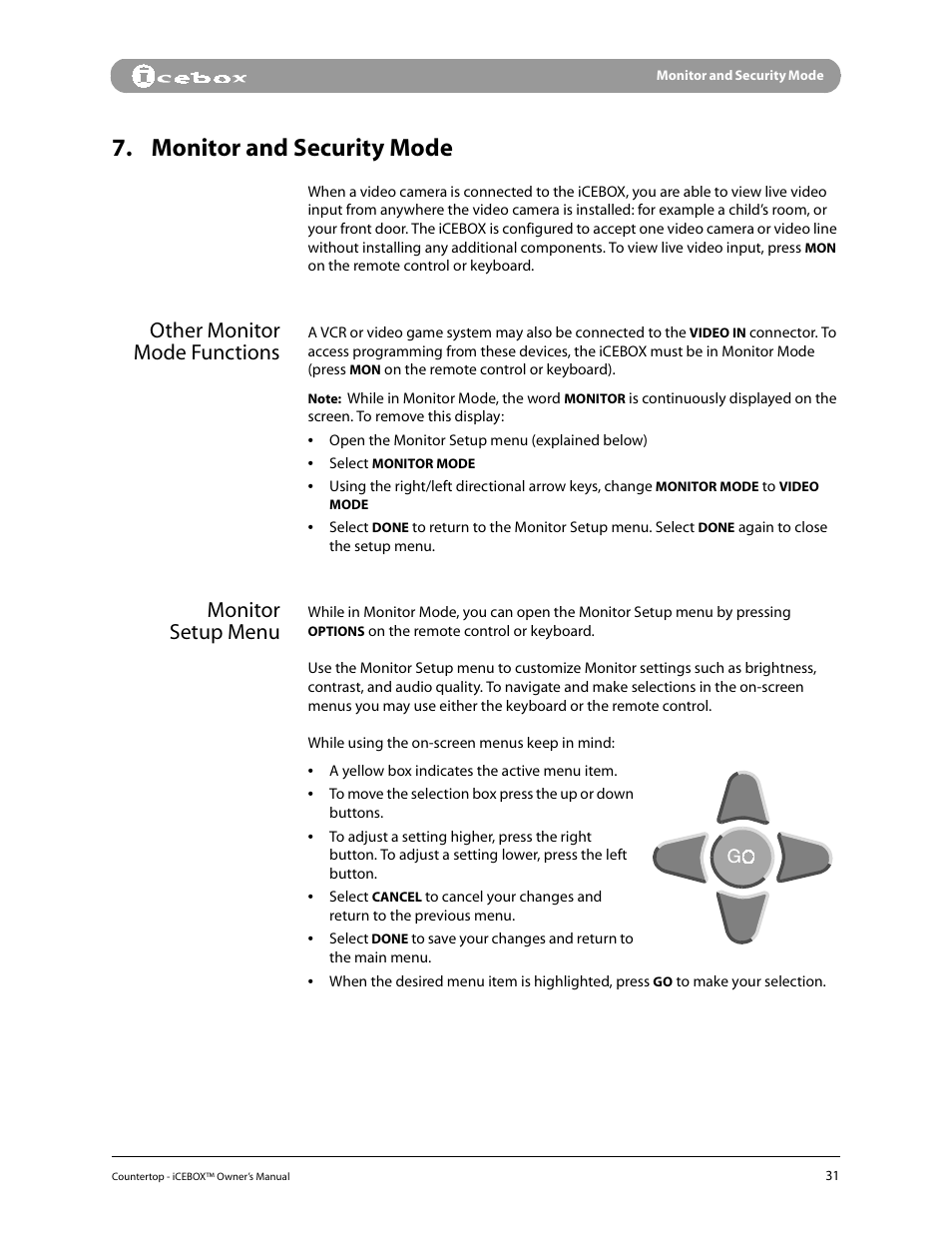 Monitor and security mode, Other monitor mode functions, Monitor setup menu | iCEBOX pmn User Manual | Page 40 / 49