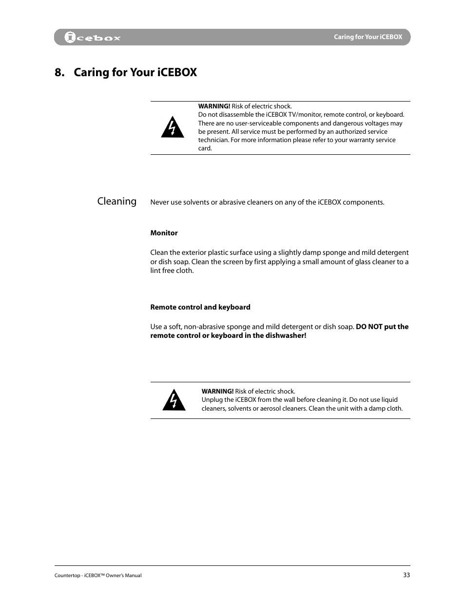 Caring for your icebox, Cleaning | iCEBOX pmn User Manual | Page 42 / 49