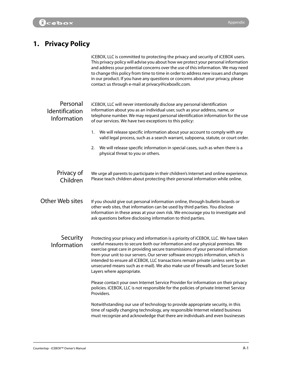 Privacy policy, Personal identification information, Privacy of children | Other web sites, Security information | iCEBOX pmn User Manual | Page 44 / 49