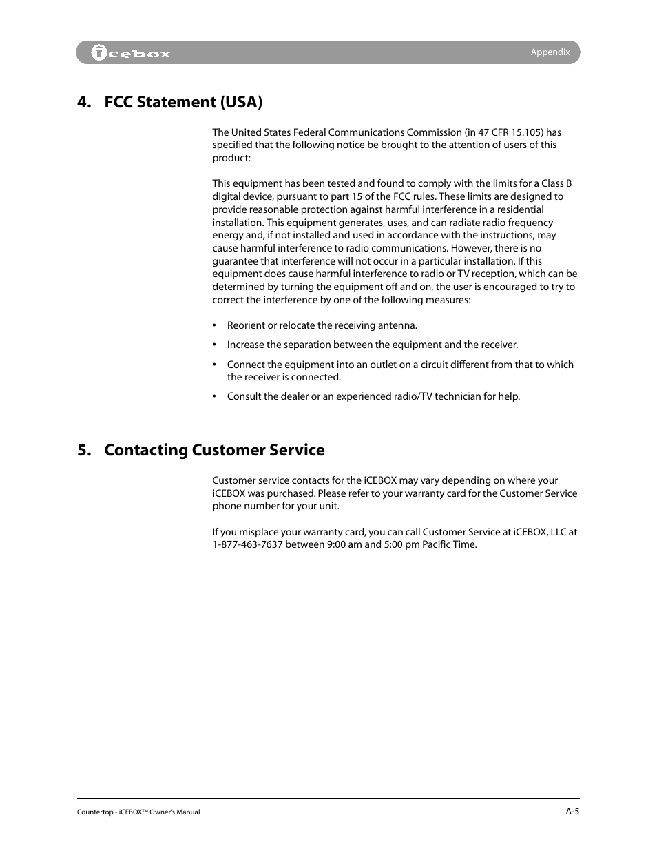 Fcc statement (usa), Contacting customer service | iCEBOX pmn User Manual | Page 48 / 49