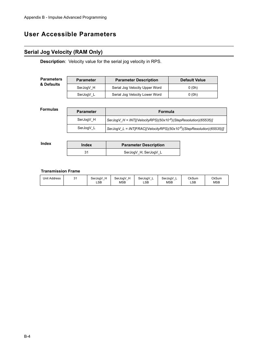 User accessible parameters, Serial jog velocity (ram only) | Impulse PCW-5181 User Manual | Page 102 / 120