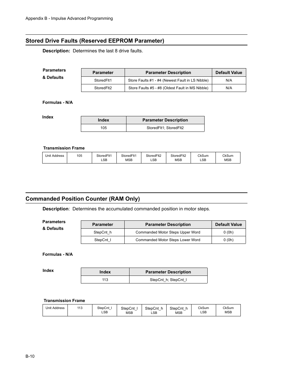 Stored drive faults (reserved eeprom parameter), Commanded position counter (ram only) | Impulse PCW-5181 User Manual | Page 108 / 120