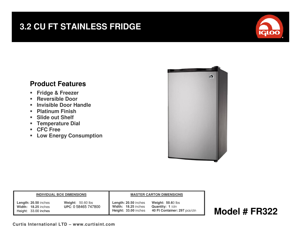 Igloo 3.2 cu ft Fridge FR322 User Manual | 1 page