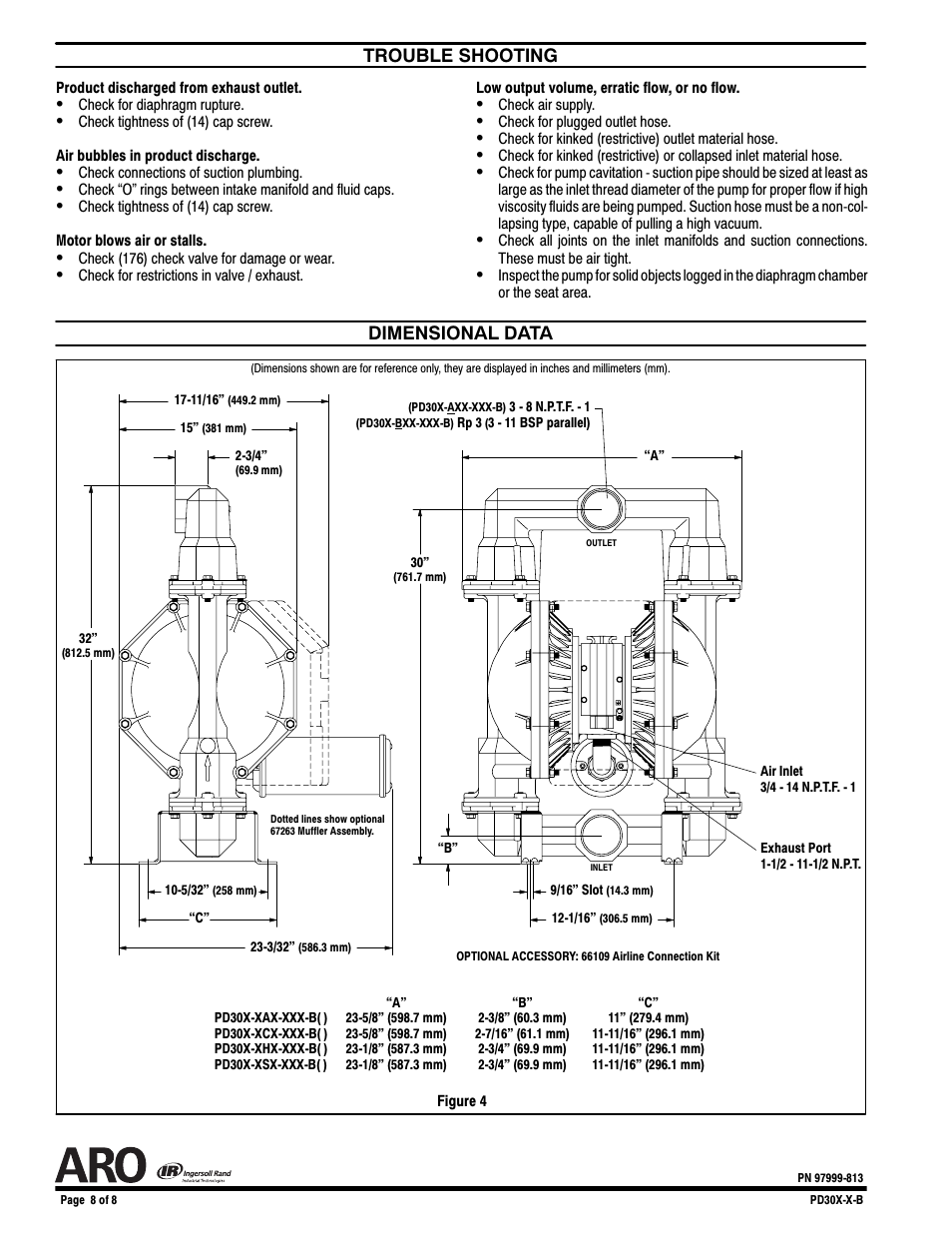 Trouble shooting, Dimensional data | Ingersoll-Rand PD30X-X-B User Manual | Page 8 / 8