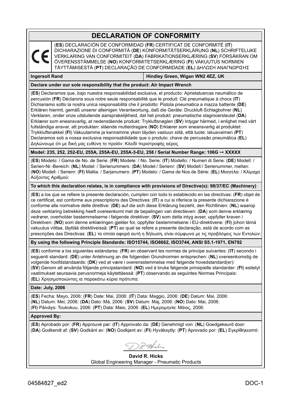 Declaration of conformity | Ingersoll-Rand 255 User Manual | Page 47 / 52