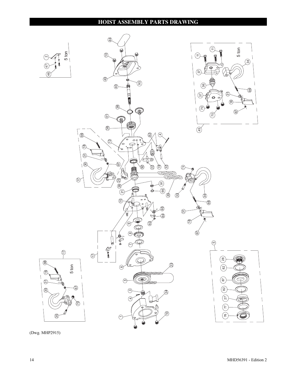 Hoist assembly parts drawing, 5 ton, Dwg. mhp2915) | Ingersoll-Rand SMB030 User Manual | Page 14 / 20