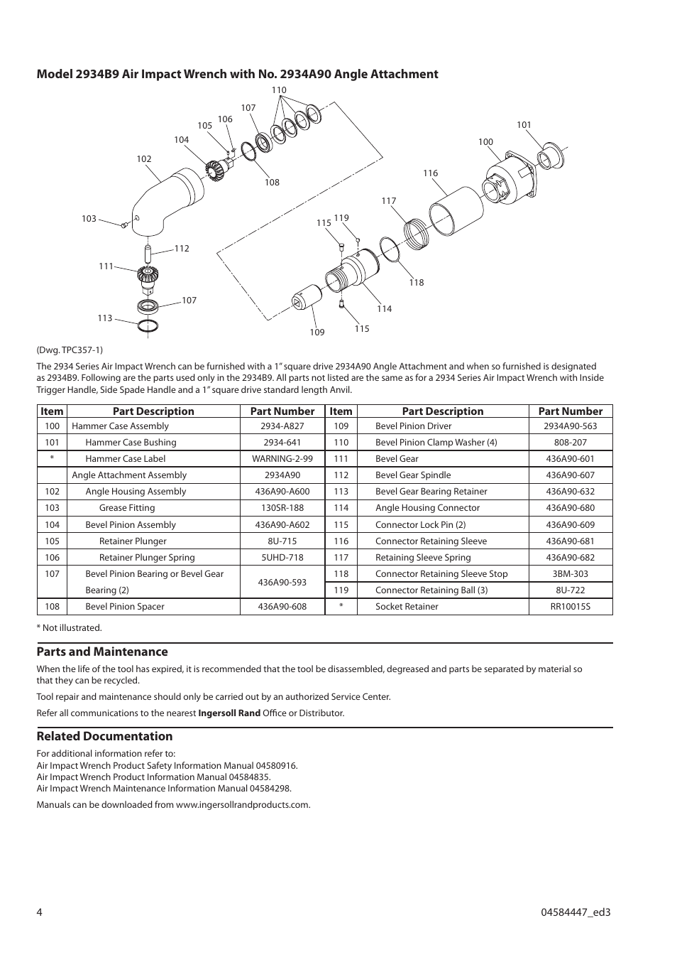 Parts and maintenance, Related documentation | Ingersoll-Rand 2940 User Manual | Page 4 / 8