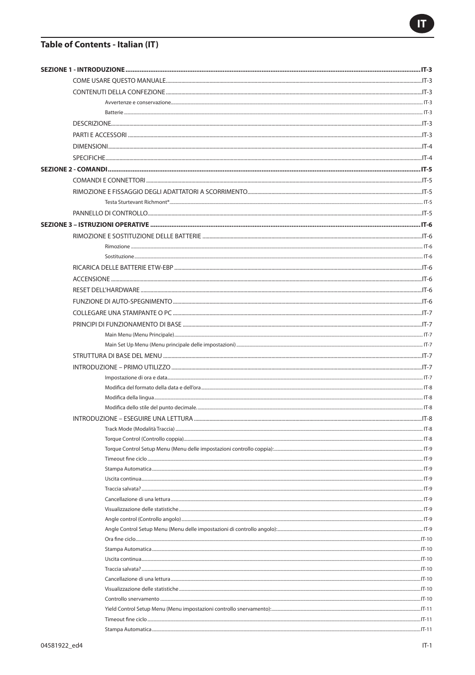 Table of contents - italian (it) | Ingersoll-Rand ETW-E75 User Manual | Page 41 / 92