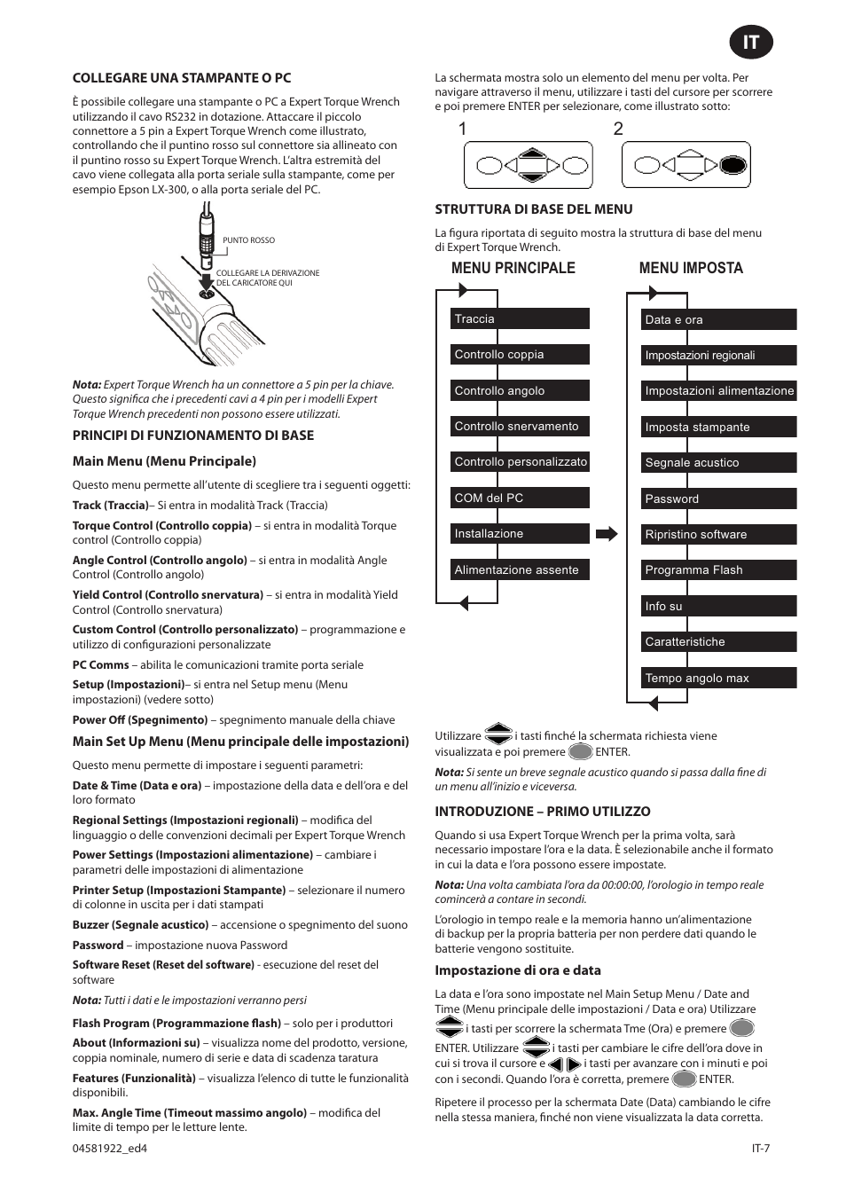 Menu principale menu imposta | Ingersoll-Rand ETW-E75 User Manual | Page 47 / 92