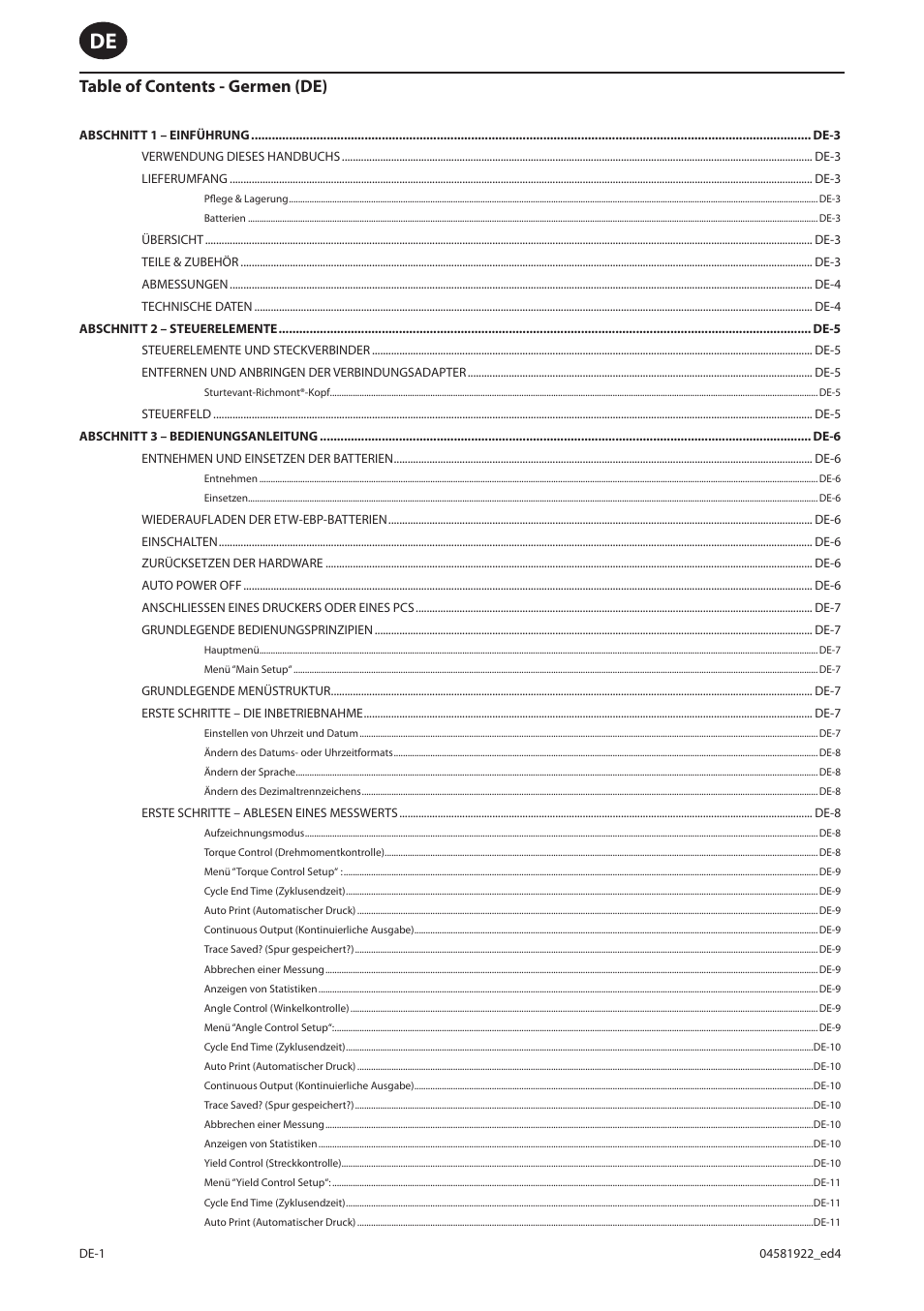 Table of contents - germen (de) | Ingersoll-Rand ETW-E75 User Manual | Page 54 / 92