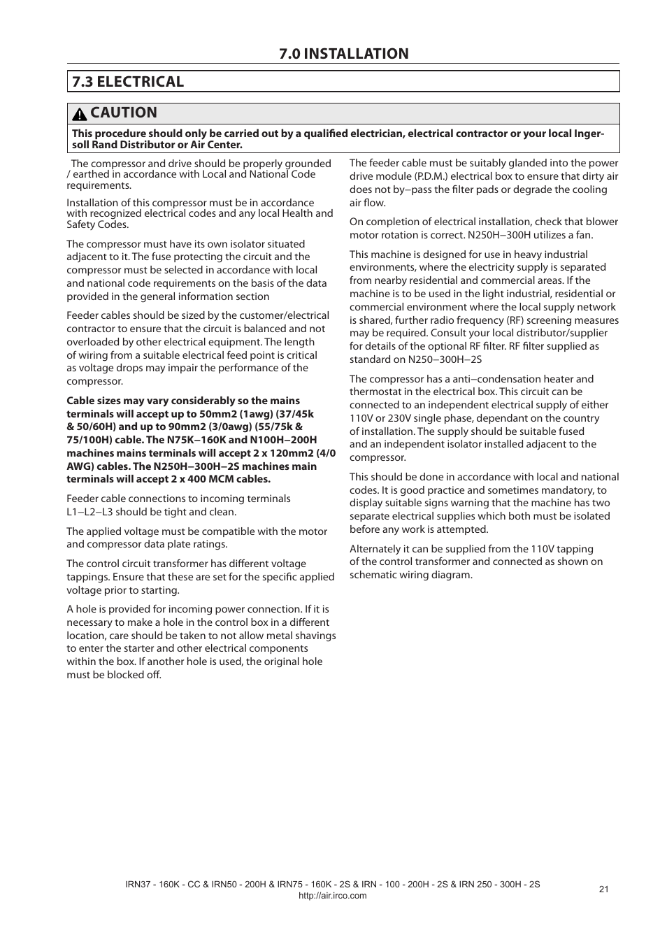 0 installation 7.3 electrical caution | Ingersoll-Rand NIRVANA IRN75-160K-2S User Manual | Page 23 / 100