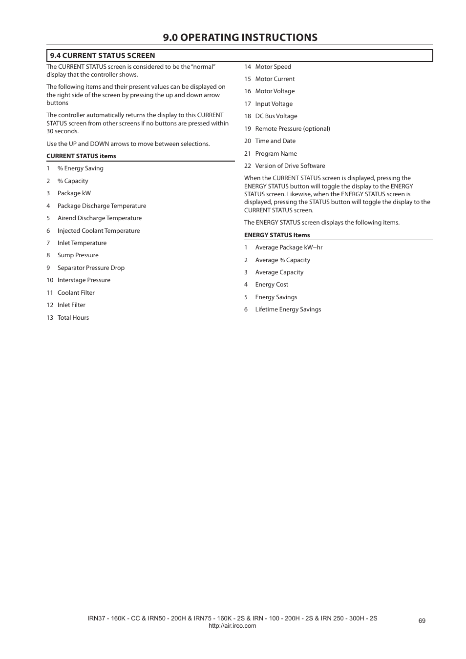 0 operating instructions | Ingersoll-Rand NIRVANA IRN75-160K-2S User Manual | Page 71 / 100