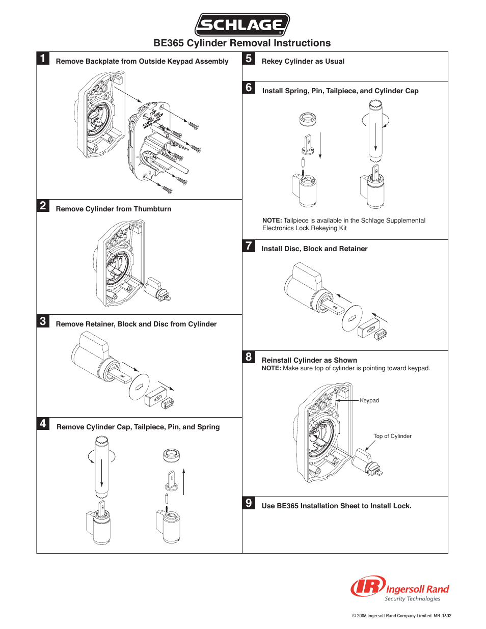 Ingersoll-Rand Cylinder Removal and Re-Keying Kit BE365 User Manual | Page 2 / 2