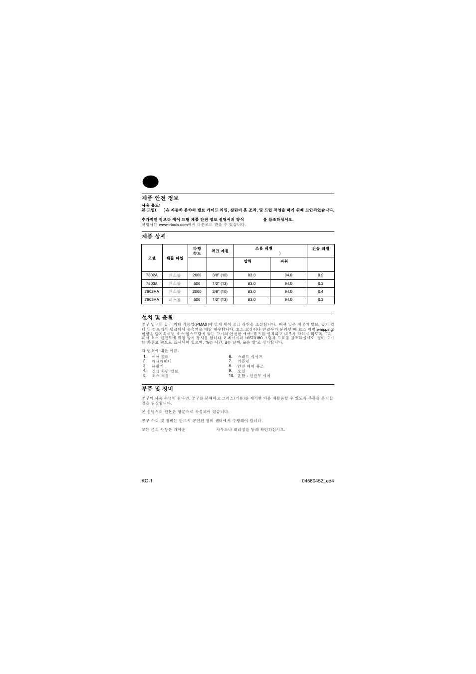 제품 안전 정보, 제품 상세 설치 및 윤활, 부품 및 정비 | Ingersoll-Rand 7802RA User Manual | Page 26 / 32