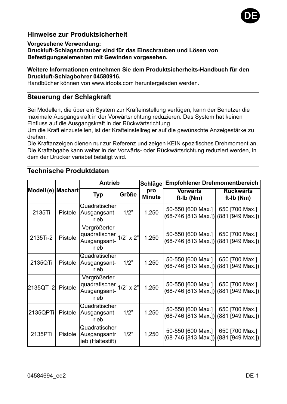 Hinweise zur produktsicherheit, Steuerung der schlagkraft, Technische produktdaten | Ingersoll-Rand 2135TI User Manual | Page 11 / 52