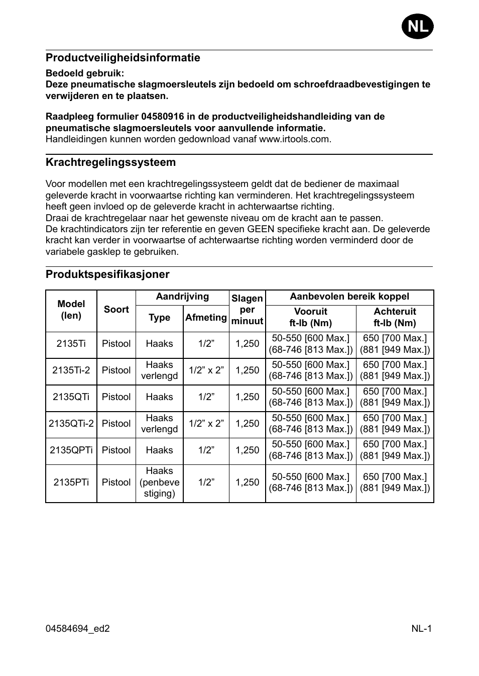 Productveiligheidsinformatie, Krachtregelingssysteem, Produktspesifikasjoner | Ingersoll-Rand 2135TI User Manual | Page 13 / 52