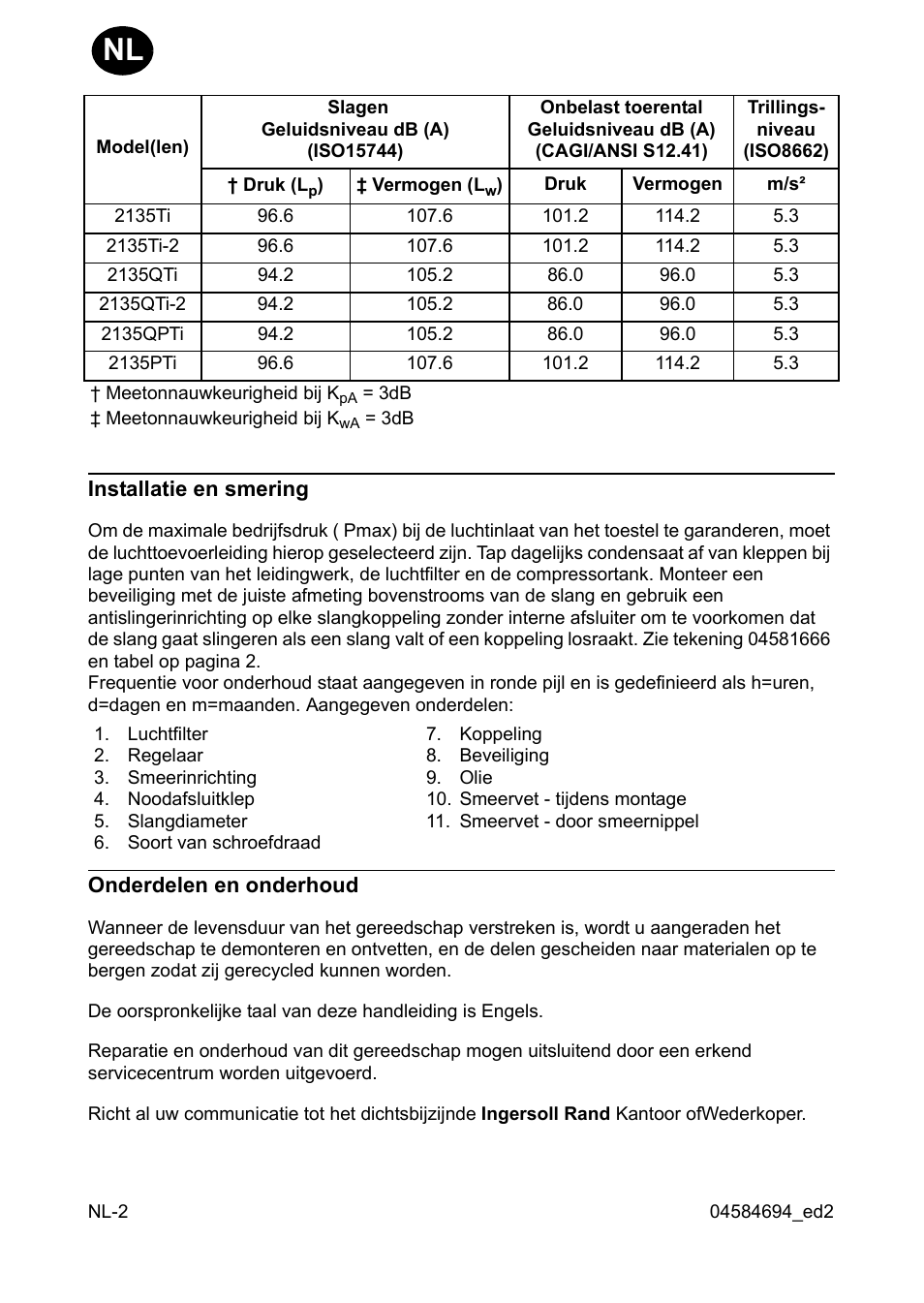 Installatie en smering, Onderdelen en onderhoud | Ingersoll-Rand 2135TI User Manual | Page 14 / 52