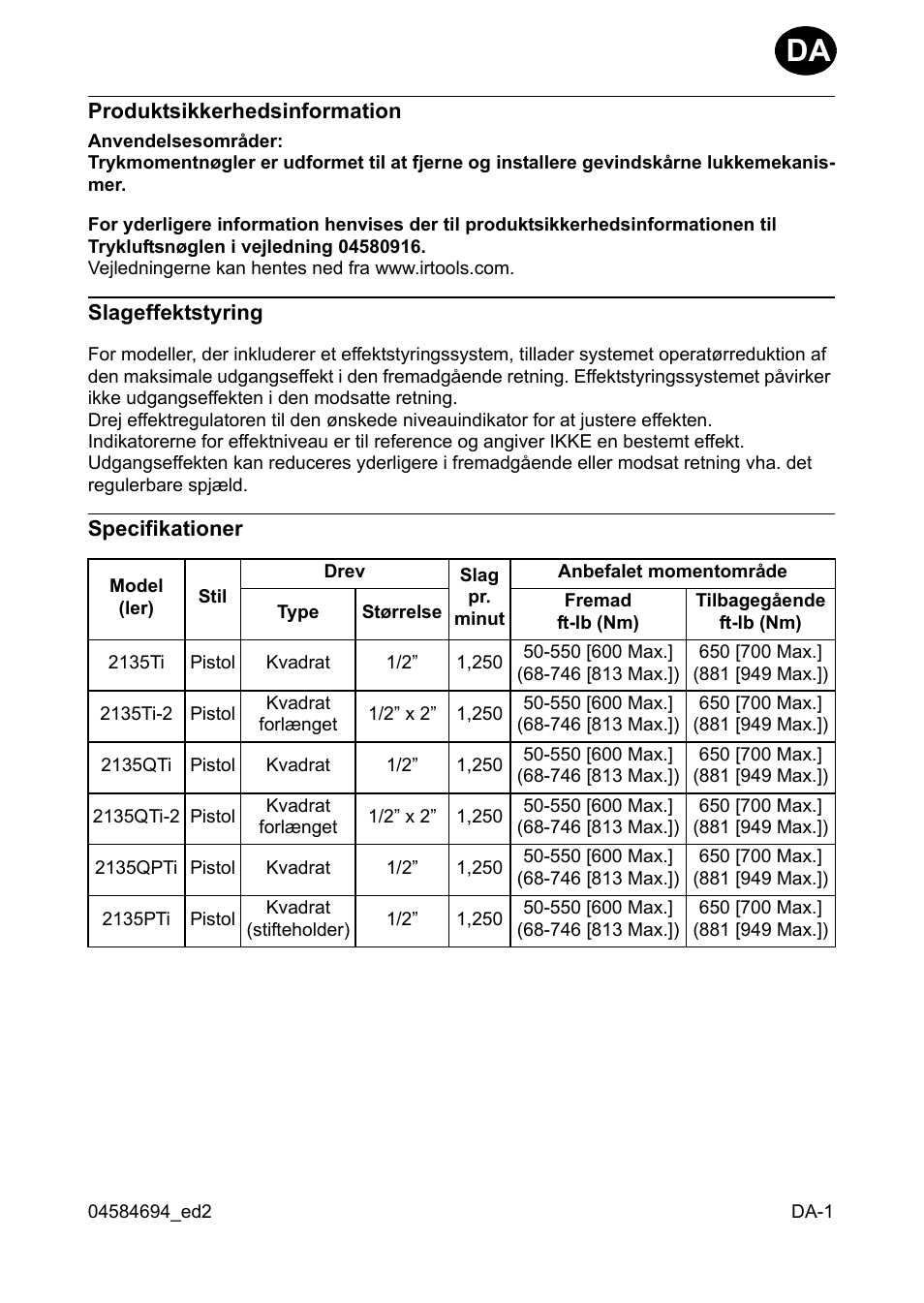 Produktsikkerhedsinformation, Slageffektstyring, Specifikationer | Ingersoll-Rand 2135TI User Manual | Page 15 / 52