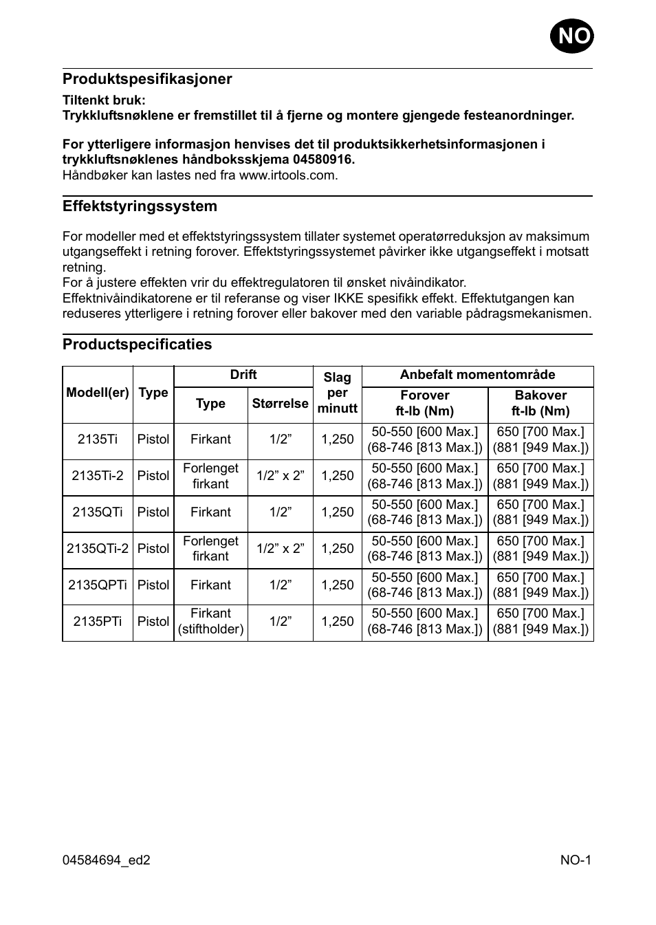 Produktspesifikasjoner, Effektstyringssystem, Productspecificaties | Ingersoll-Rand 2135TI User Manual | Page 19 / 52