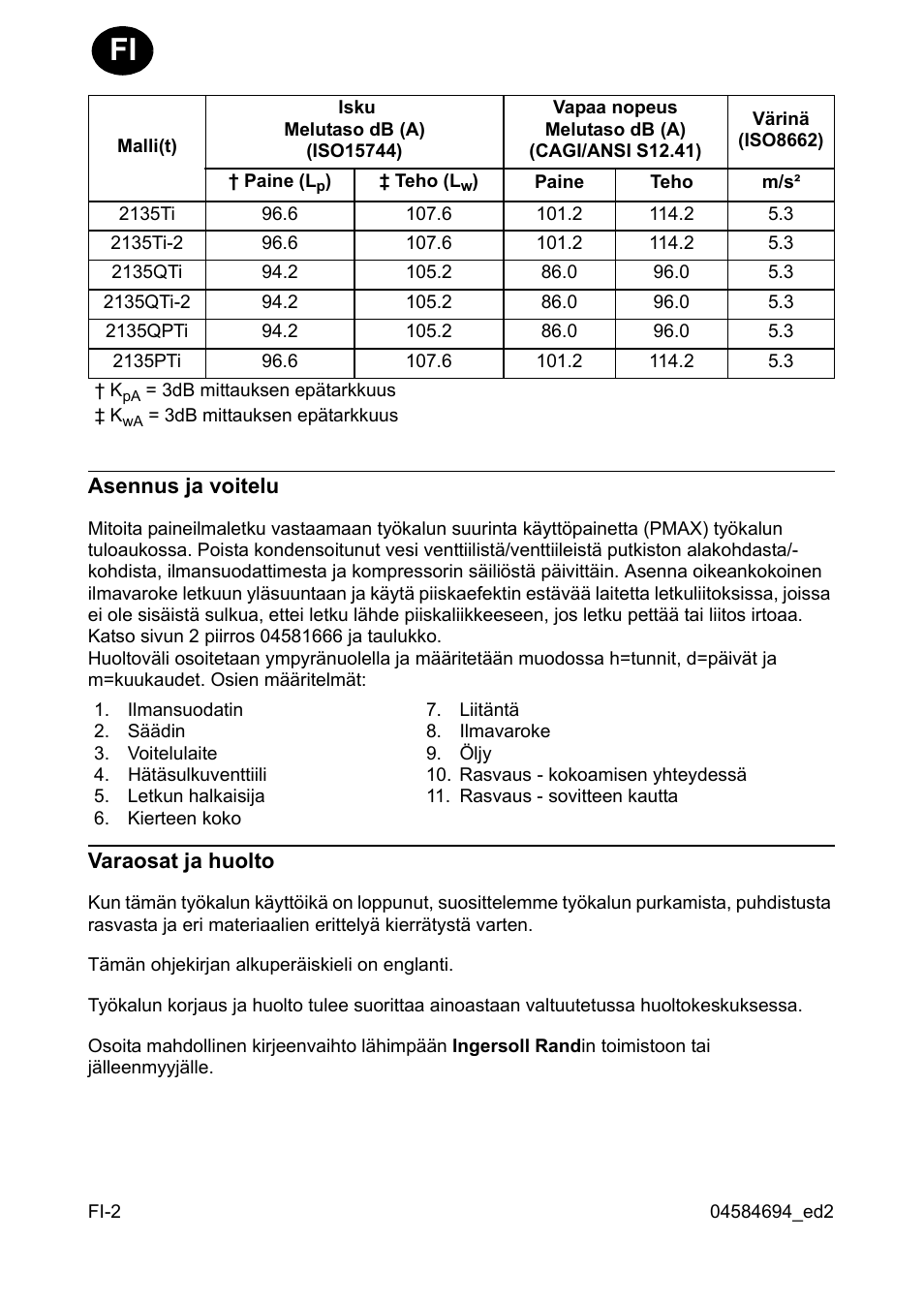 Asennus ja voitelu, Varaosat ja huolto | Ingersoll-Rand 2135TI User Manual | Page 22 / 52