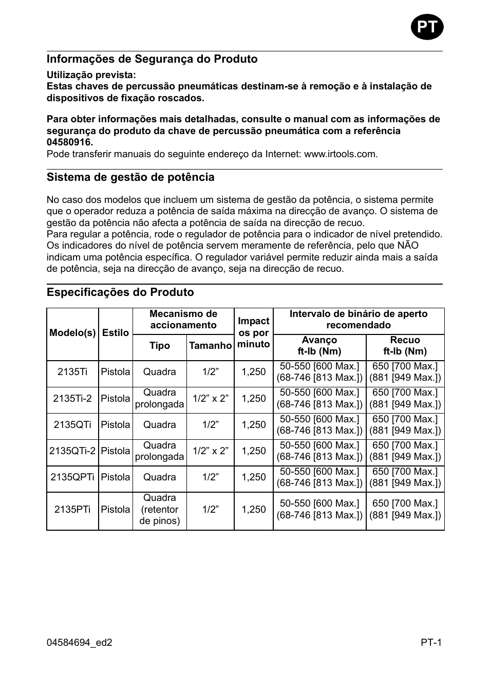 Informações de segurança do produto, Sistema de gestão de potência, Especificações do produto | Ingersoll-Rand 2135TI User Manual | Page 23 / 52