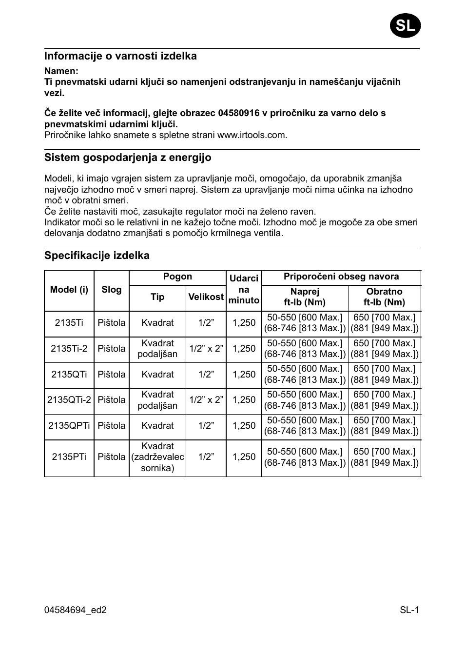 Informacije o varnosti izdelka, Sistem gospodarjenja z energijo, Specifikacije izdelka | Ingersoll-Rand 2135TI User Manual | Page 27 / 52