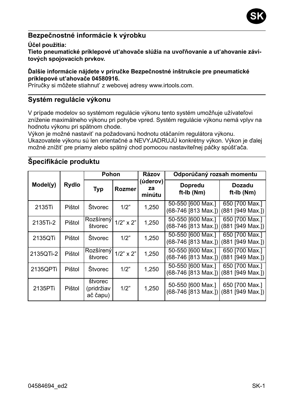 Bezpeènostné informácie k værobku, Systém regulácie vækonu, Pecifikácie produktu | Ingersoll-Rand 2135TI User Manual | Page 29 / 52