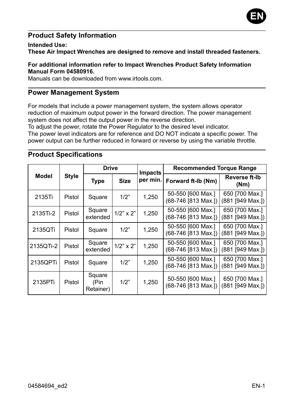 Product safety information, Power management system, Product specifications | Ingersoll-Rand 2135TI User Manual | Page 3 / 52