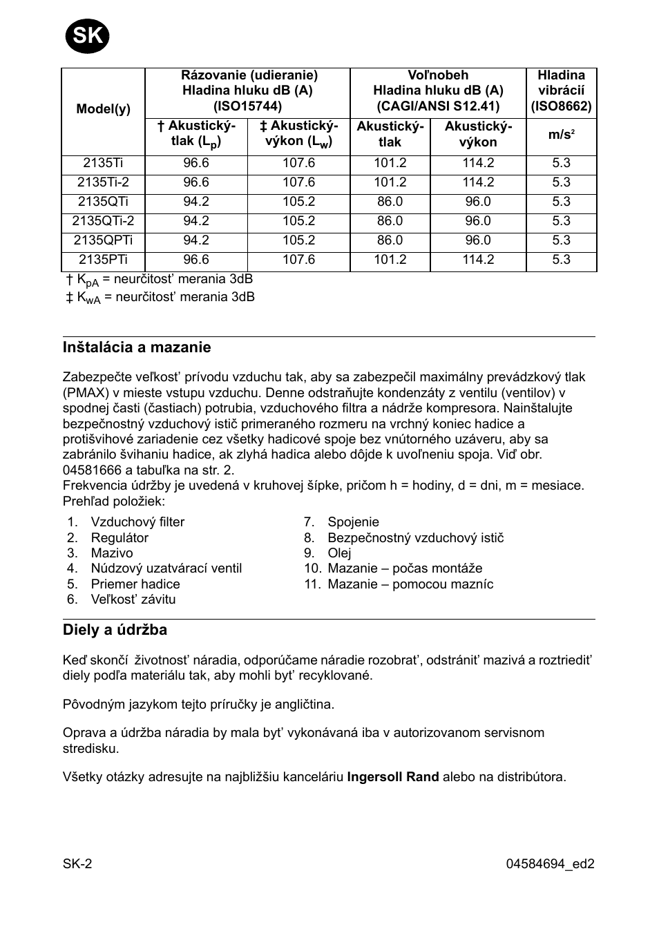 Inðtalácia a mazanie, Diely a údr˛ba | Ingersoll-Rand 2135TI User Manual | Page 30 / 52