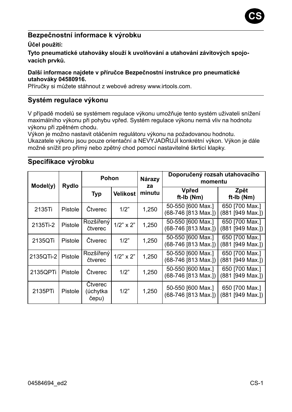 Bezpeènostní informace k værobku, Systém regulace vækonu, Specifikace værobku | Ingersoll-Rand 2135TI User Manual | Page 31 / 52