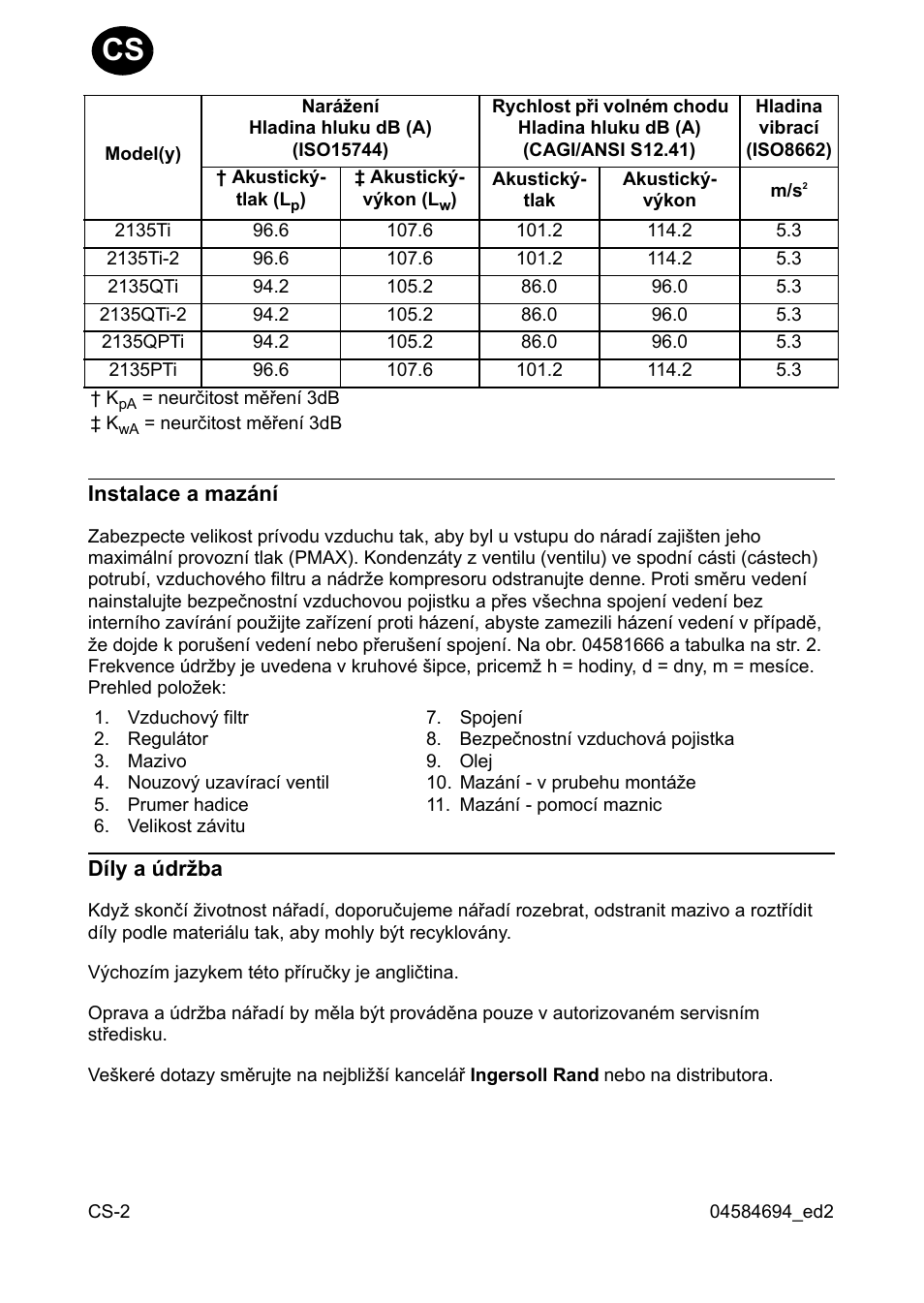 Instalace a mazání, Díly a údr˛ba | Ingersoll-Rand 2135TI User Manual | Page 32 / 52